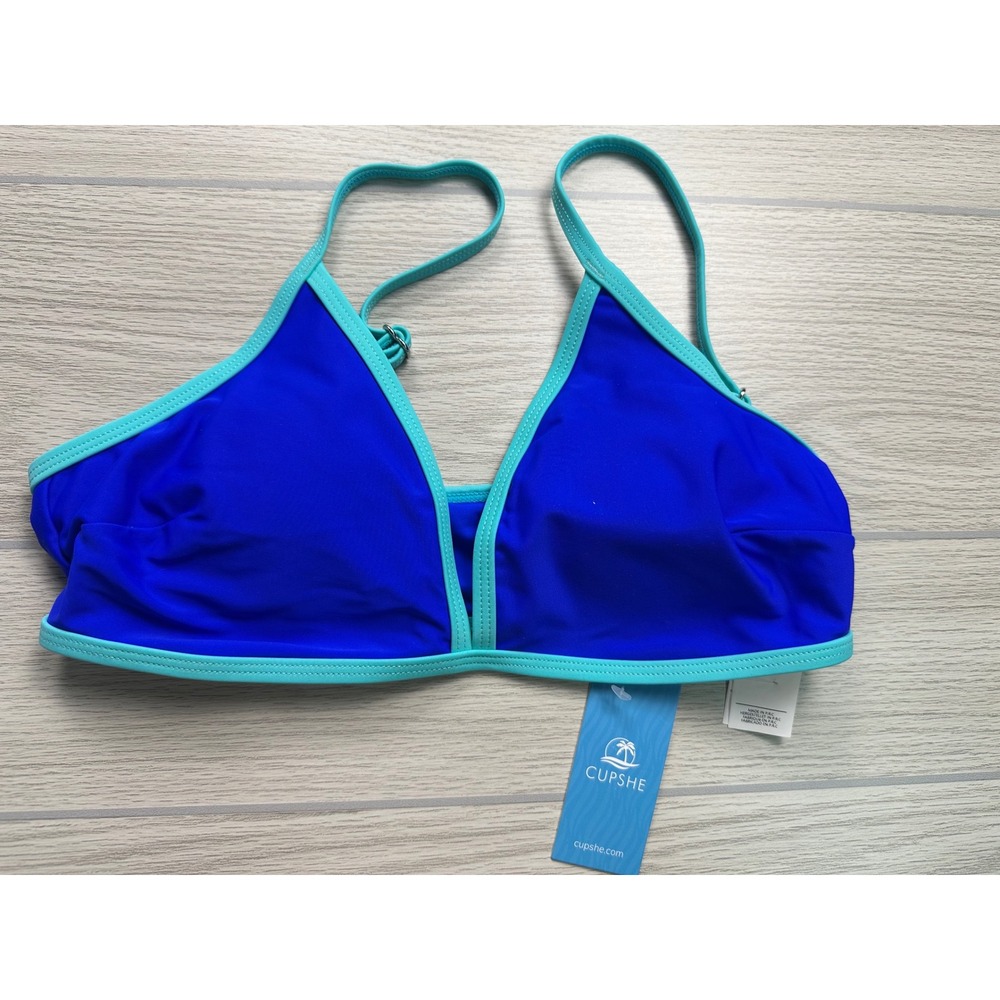 CUPSHIE Royal Blue Teal Trim‎ Triangle Bikini Swimsuit Top Bottom Set S